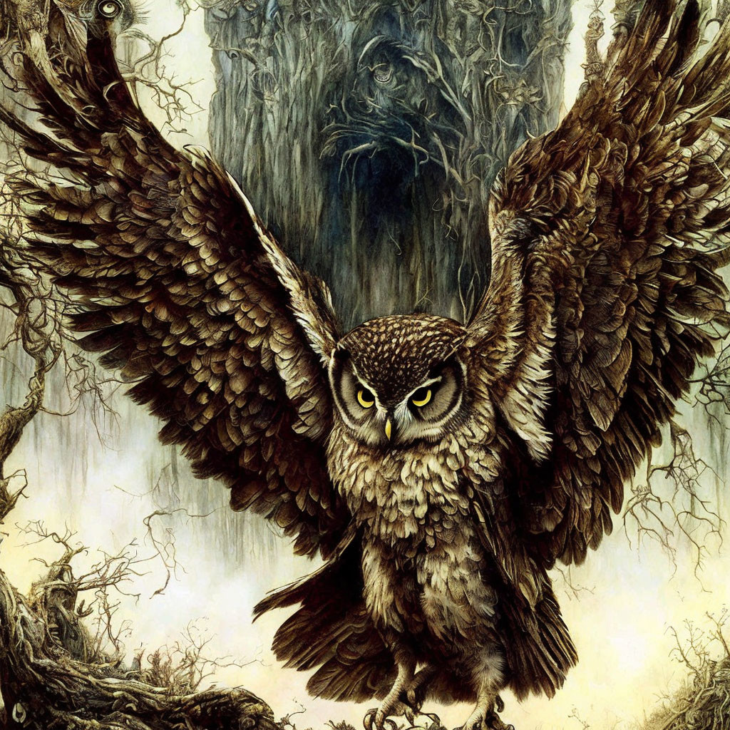 Detailed Owl Illustration in Mystical Forest