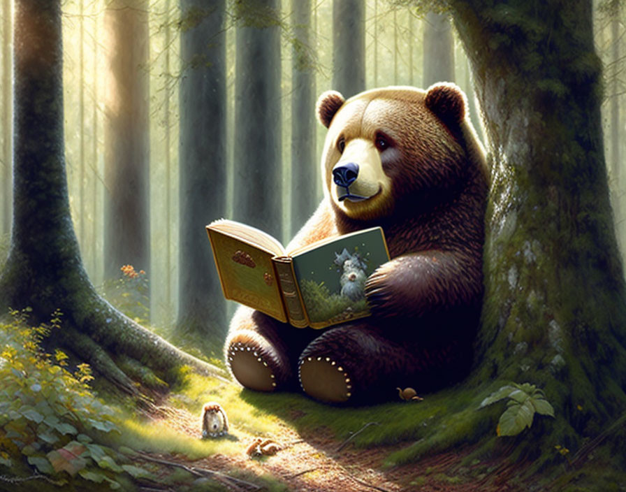 Bear reading book in sunlit forest with curious rabbit nearby