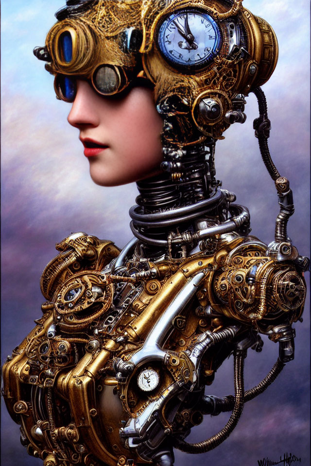 Steampunk-style digital art featuring female figure with mechanical elements