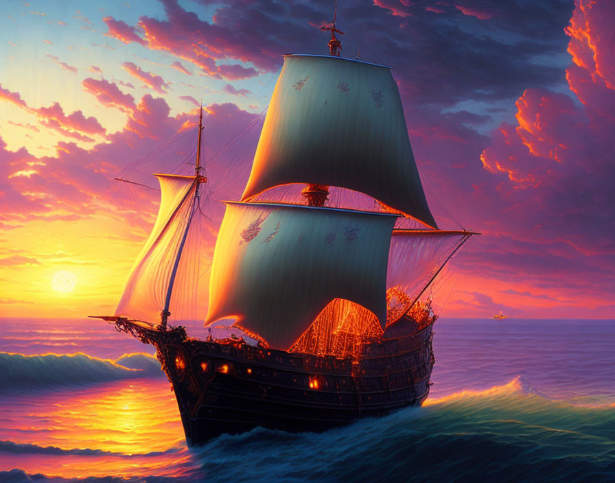 Majestic sailing ship with full sails at sunset on glowing sea