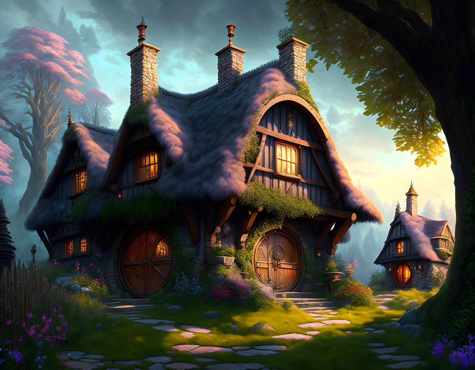 Thatched Cottage in Fairy Tale Landscape with Glowing Windows