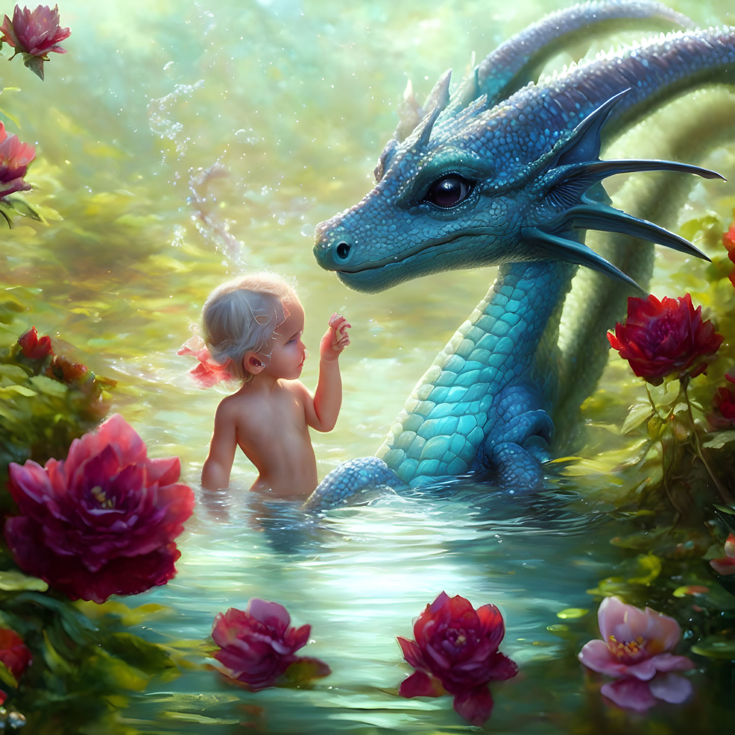 Toddler with blue dragon in lush garden pond