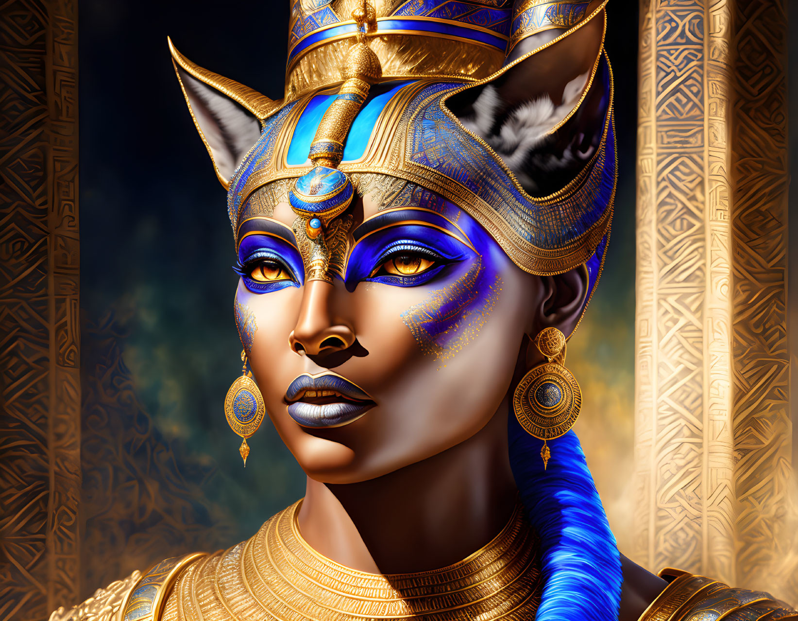 Digital art portrait featuring person with cat-like features and Egyptian headdress, golden jewelry, and symbols