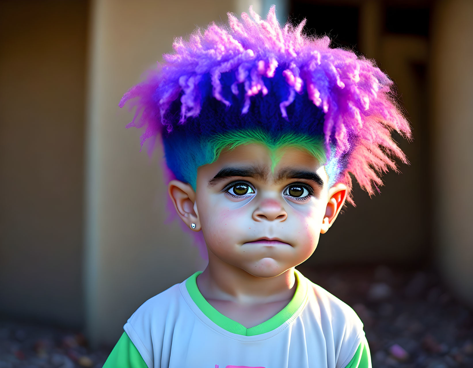 Child in Green, Blue & Purple Fuzzy Wig with Perplexed Look