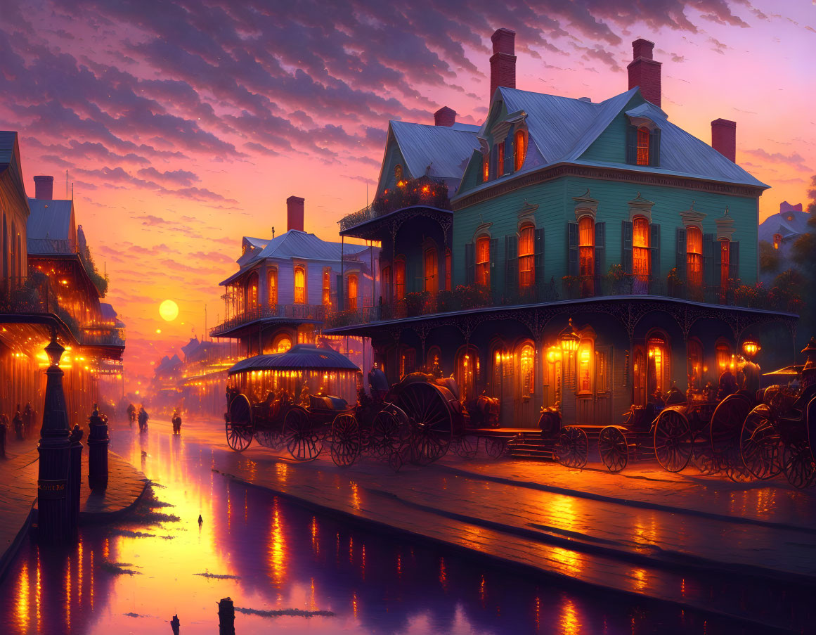 Victorian houses with illuminated porches at sunset and horse-drawn carriages on wet cobblestones