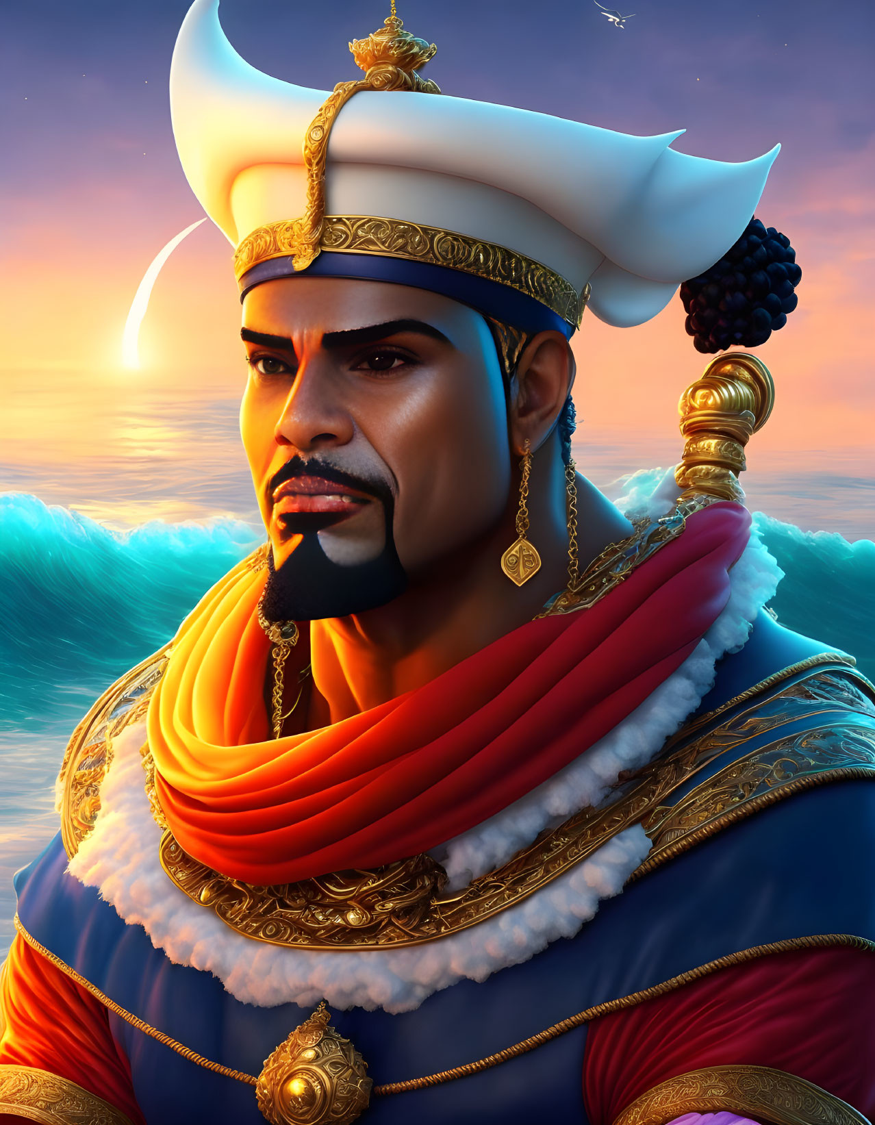 Regal Middle Eastern sailor in white turban against ocean sunset