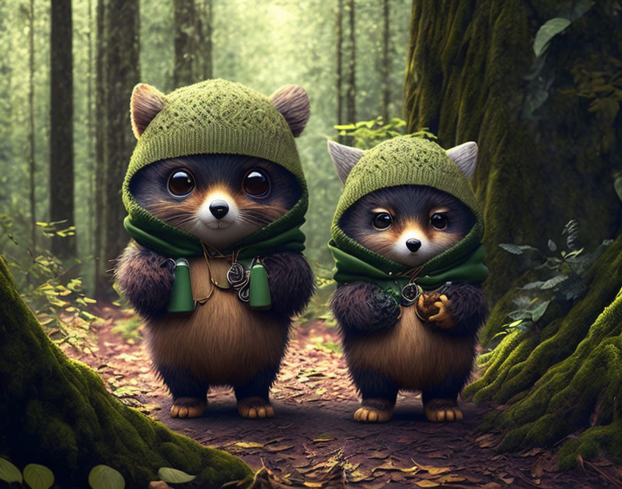 Animated raccoons in green hats and scarves with lantern and cookie in mystical forest