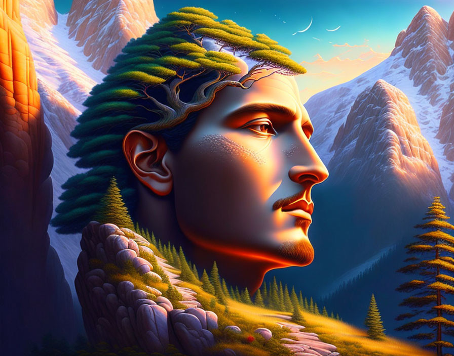 Human profile merged with landscape: Trees as hair, mountains in backdrop, sunset on cheek