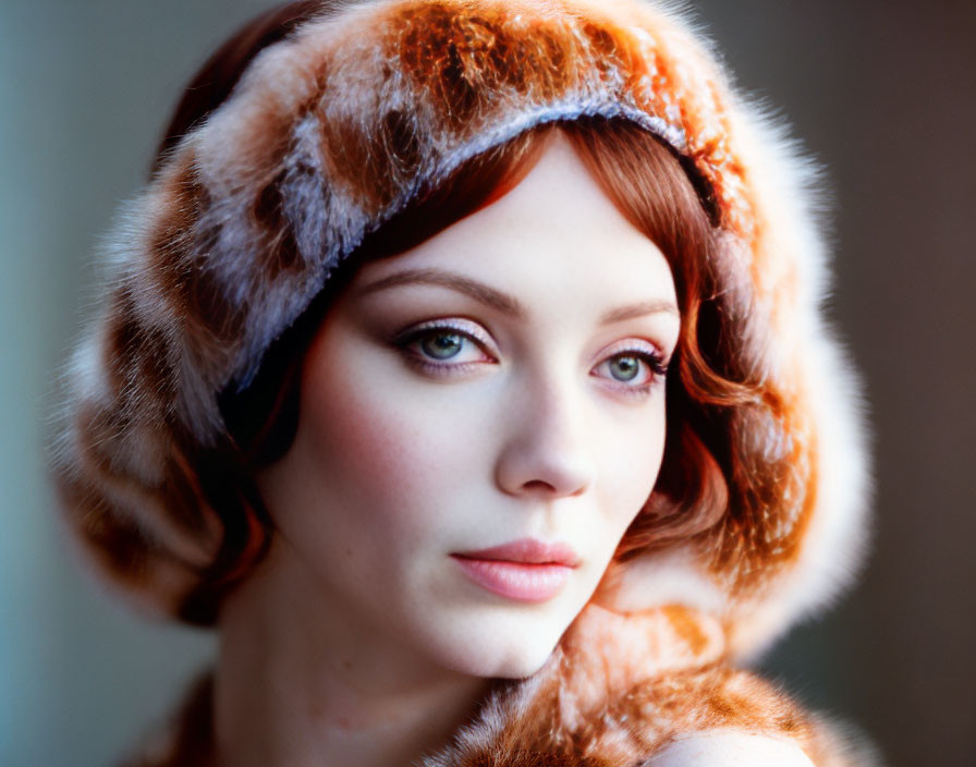 Fair-skinned person with green eyes and red hair in fluffy brown fur hat gazes away.