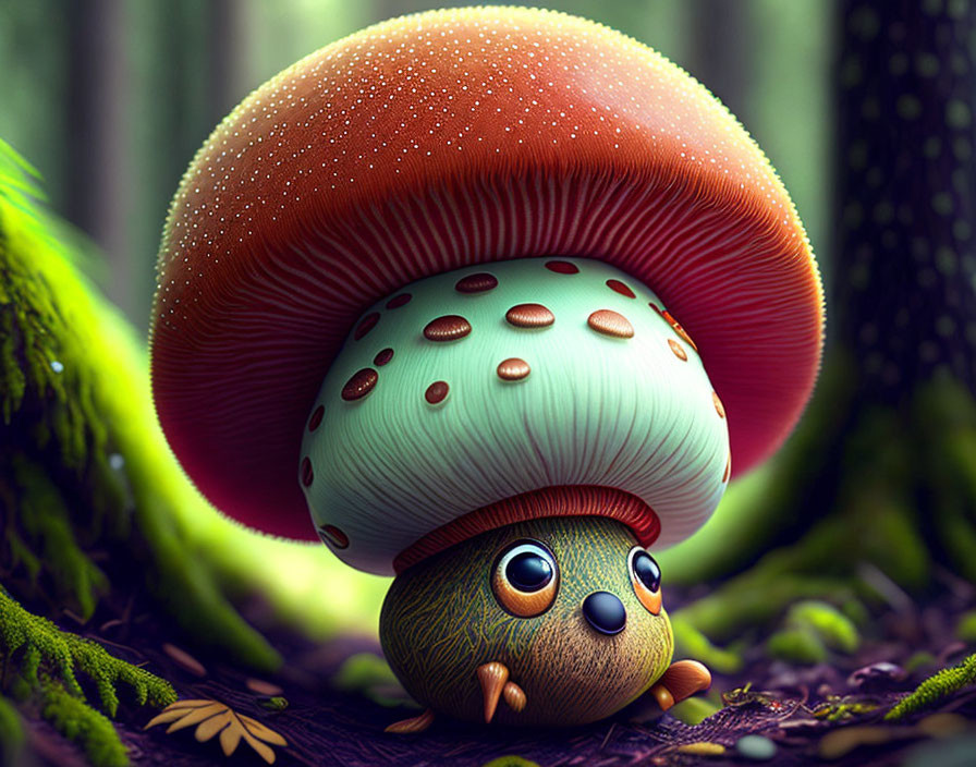 Adorable creature sheltering under mushroom in lush forest illustration