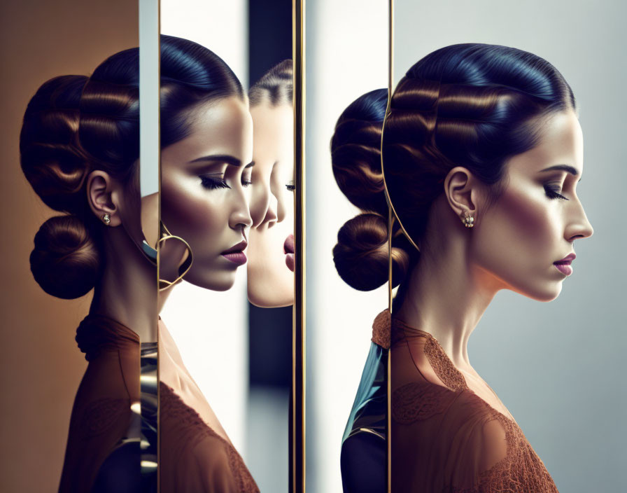 Symmetrical Woman with Bun Hairdo Reflected in Vertical Panels