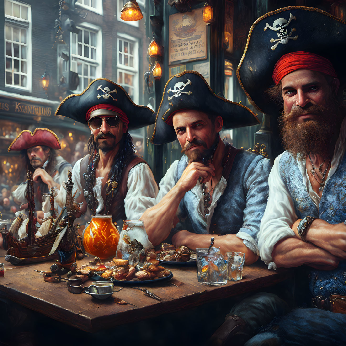 Three bearded pirates in tricorn hats dining in a tavern setting