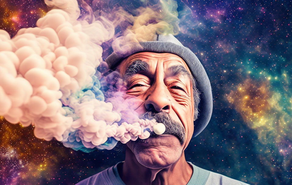 Elderly man exhales colorful smoke in cosmic setting