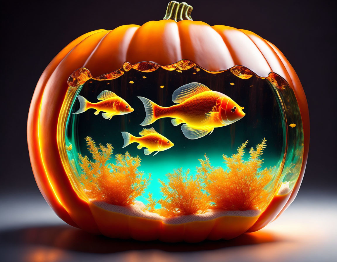 Orange pumpkin fishbowl with golden fish and coral plants on aqua background