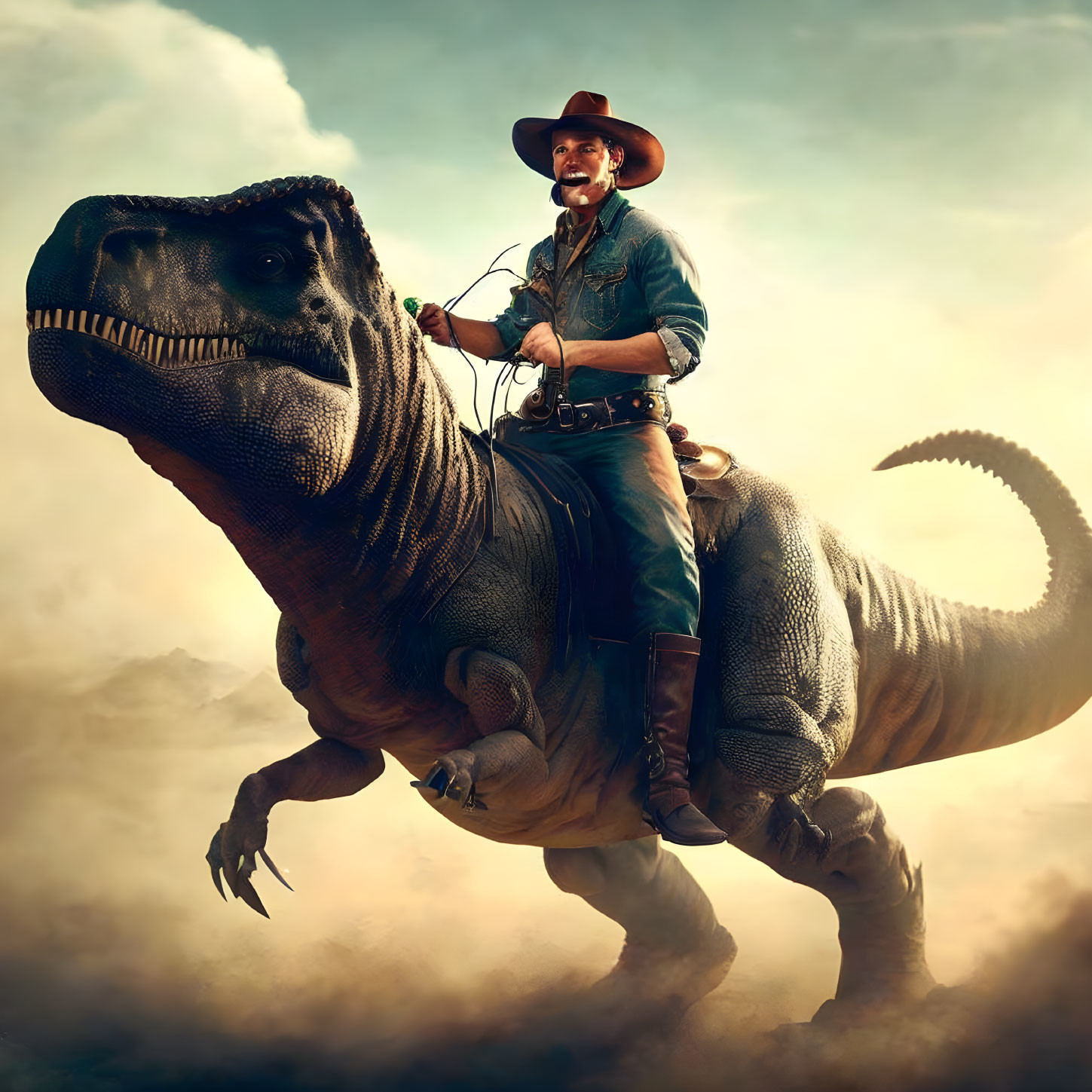 Cowboy riding Tyrannosaurus rex under dramatic sky