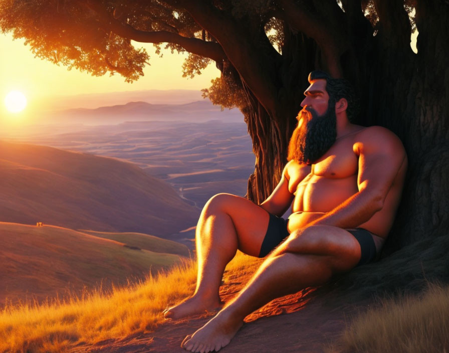 Bearded man under tree at sunset with golden landscape