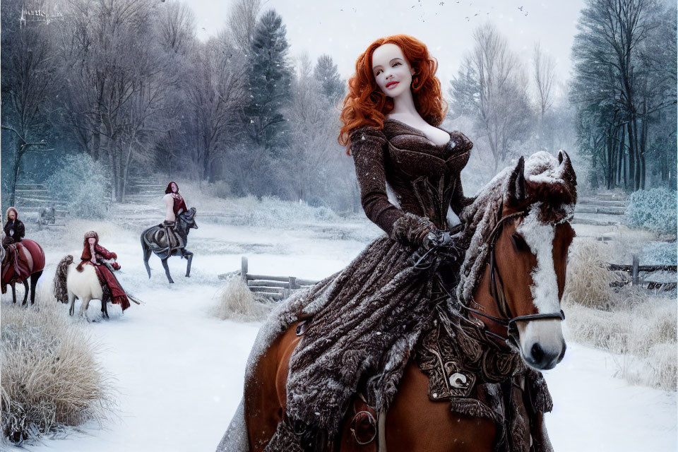 Red-haired woman riding brown horse in snowy landscape with others on horseback.