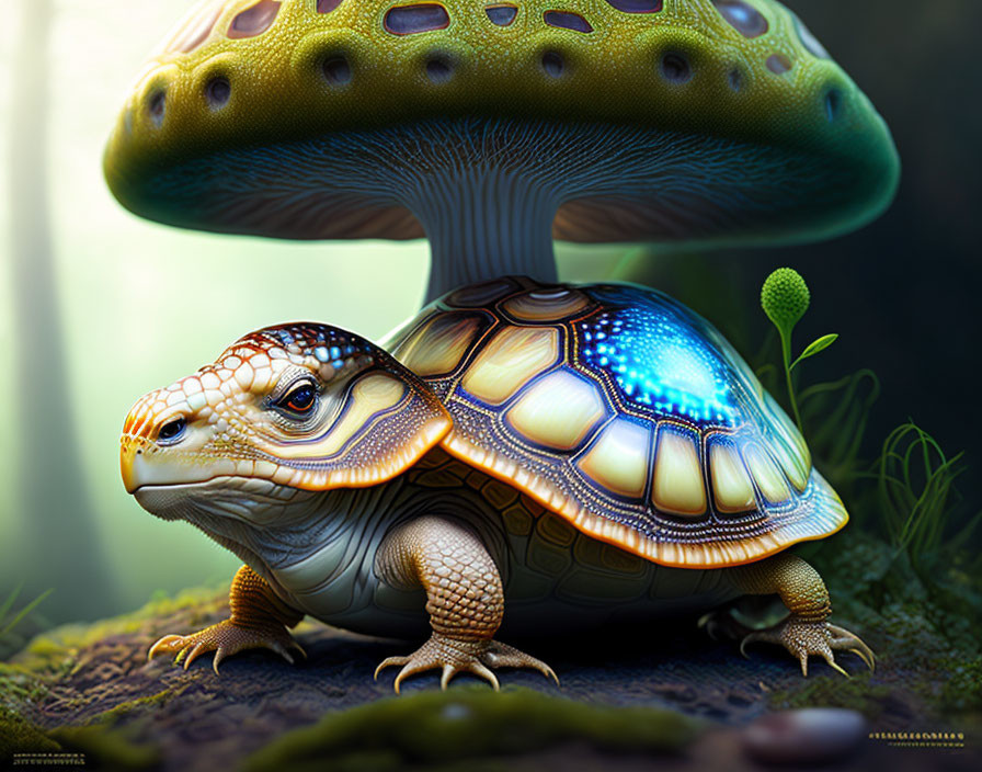 Colorful Turtle Artwork in Mystical Forest Setting