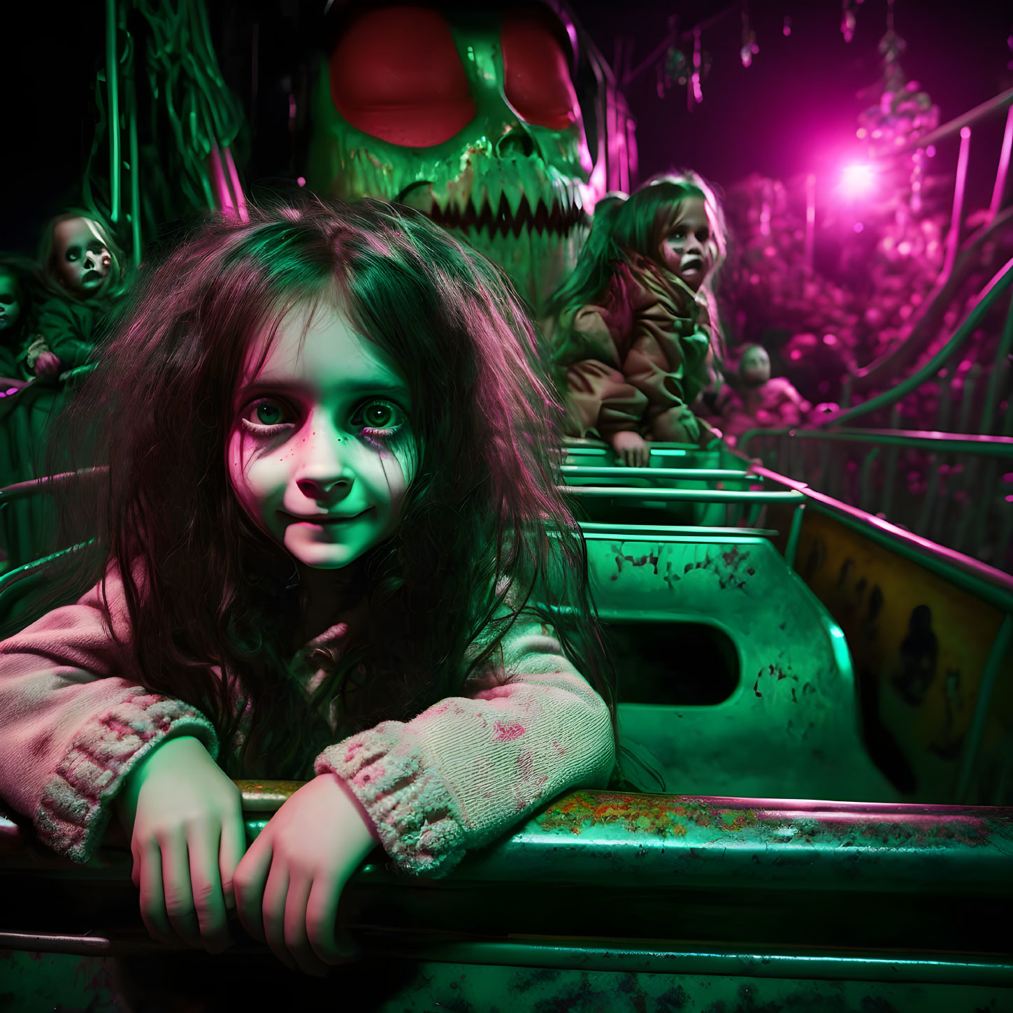 Child with glowing green eyes in spooky amusement park ride with eerie dolls and green lighting.