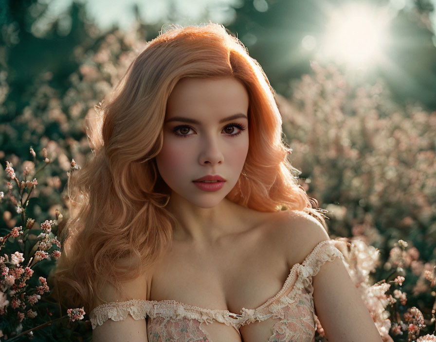 Blonde Woman Surrounded by Flowers in Soft Light