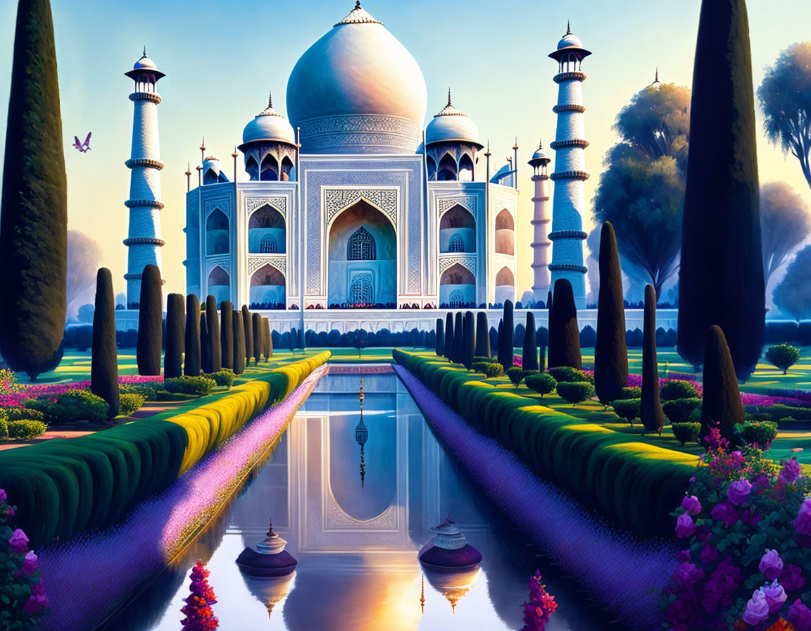 Vibrant Taj Mahal sunrise illustration with colorful gardens and sky