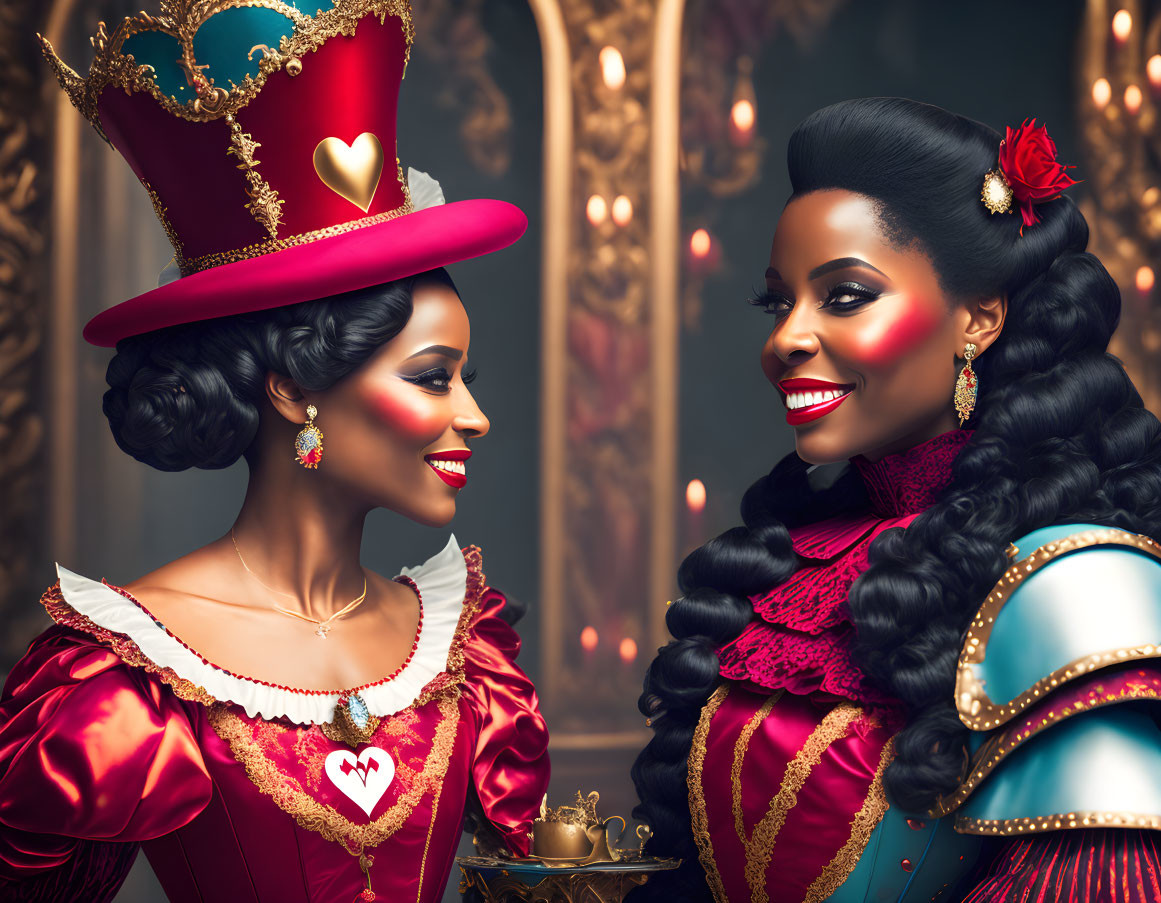 Two women in regal costumes with heart motifs from "Alice in Wonderland