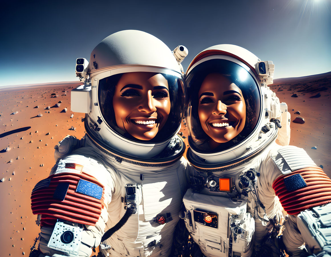 Two astronauts in spacesuits on Mars-like terrain pose for a photo