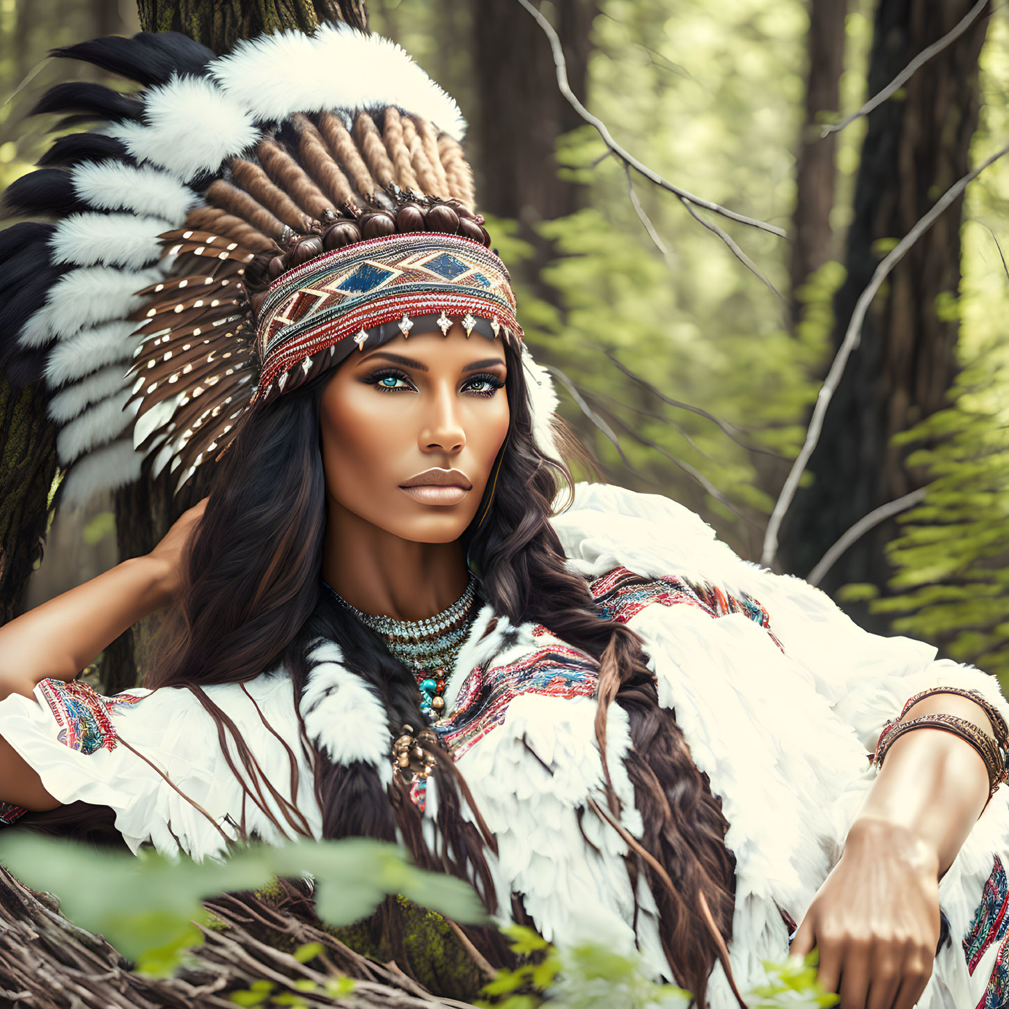 Woman in feathered headdress and tribal attire poses in mystical forest