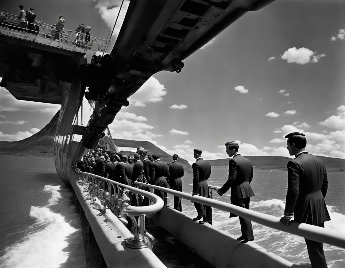 Navy sailors in uniform on submarine deck with mountain backdrop