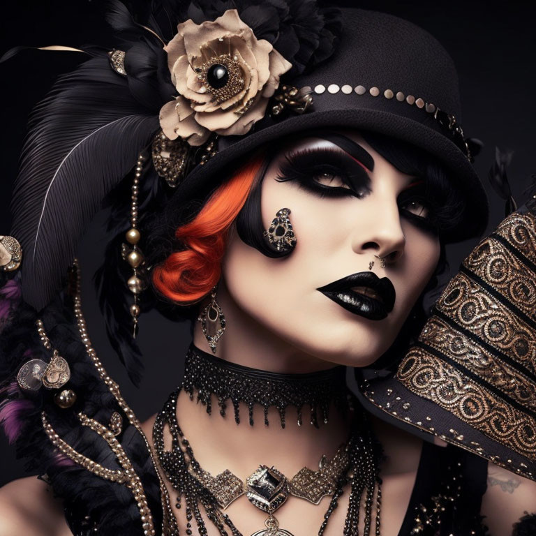 Person with dramatic makeup and embellished top hat in gothic style