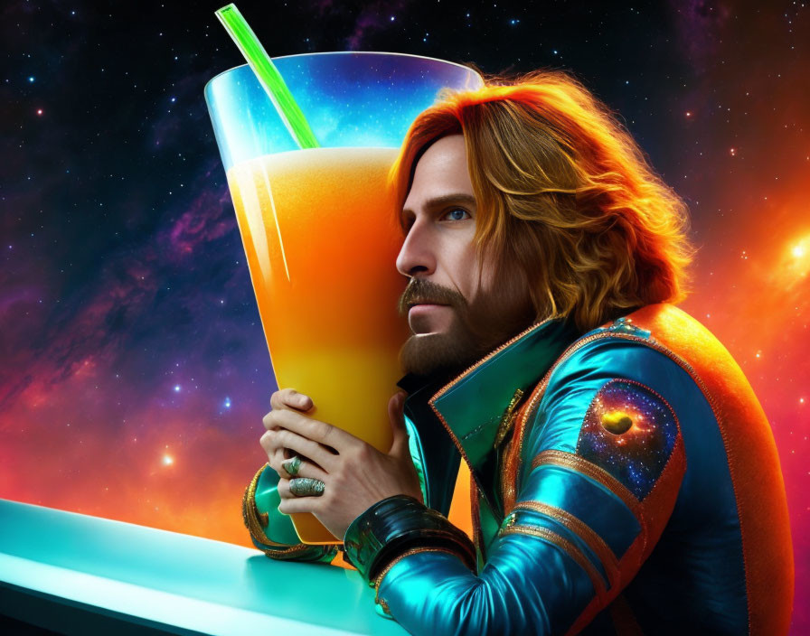 Man with Long Hair Holding Giant Cocktail in Space-Themed Jacket