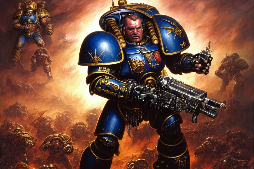 Detailed Space Marine in Power Armor with Bolter in Fiery Battle Scene