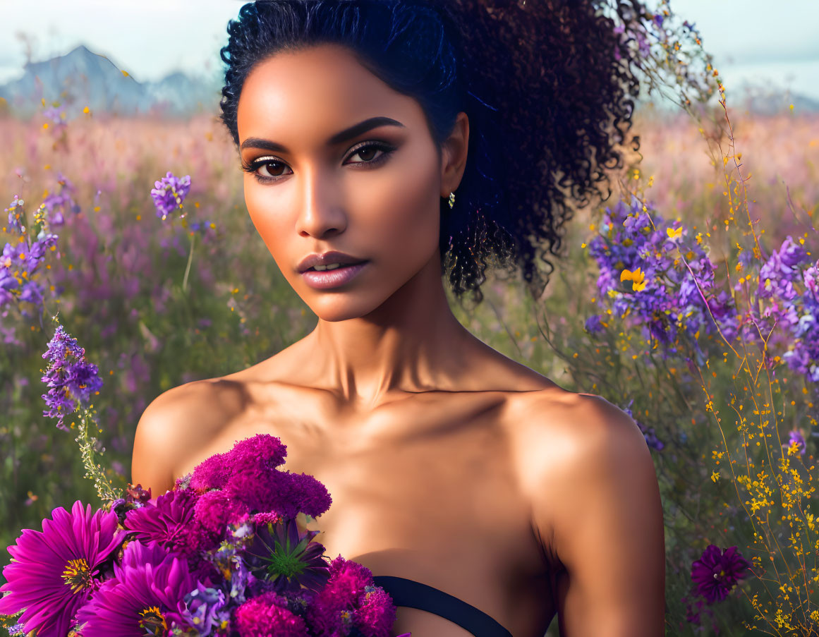 Curly-Haired Woman in Field of Purple Wildflowers with Mountains