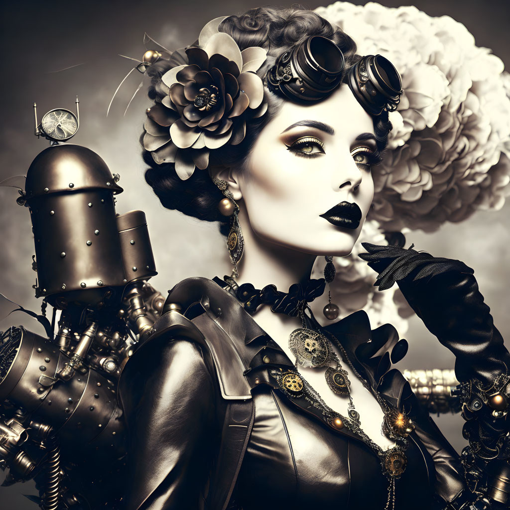 Sepia-Toned Steampunk Photo: Woman with Floral Adornments & Mechanical Robot