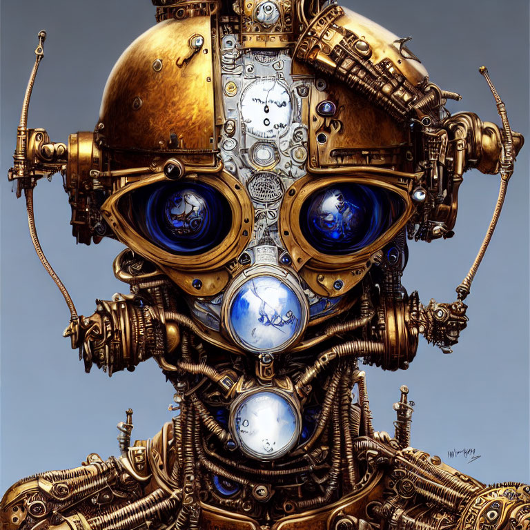 Detailed Steampunk Robot Head with Blue Lens Eyes and Brass Metalwork