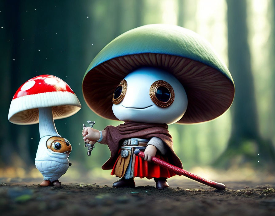 Figure with Mushroom Cap Head and Lightsaber in Mystical Forest Scene