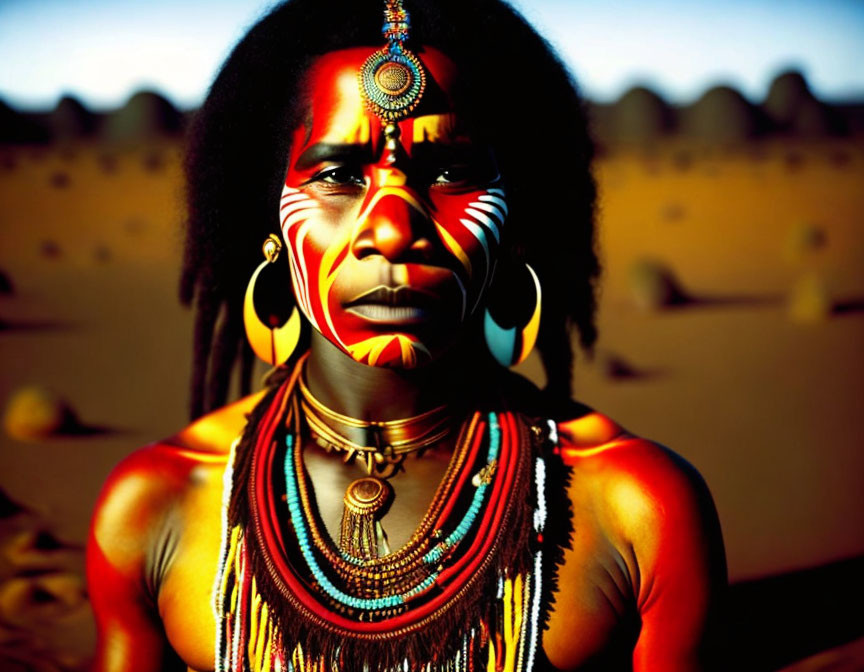 Woman with traditional face paint and jewelry in desert portrait.