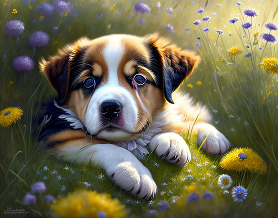 Brown and White Puppy in Sunny Meadow with Purple Flowers