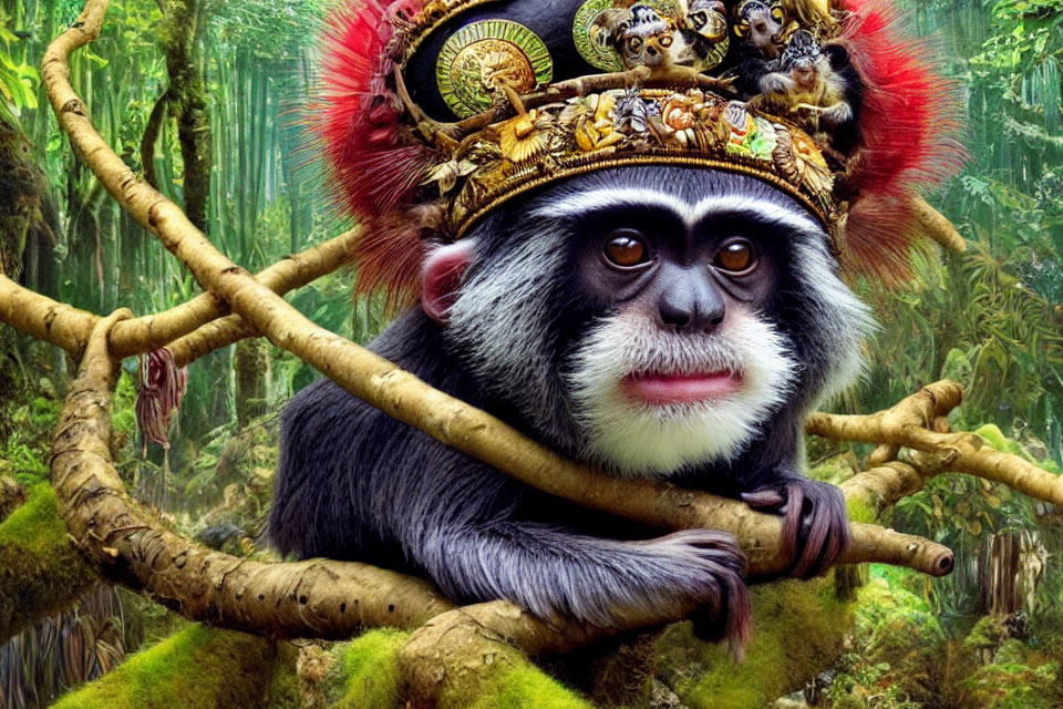 Ornately adorned monkey perched in lush forest landscape