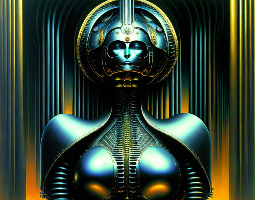 Detailed Metallic Humanoid Robot Against Golden Lines Background