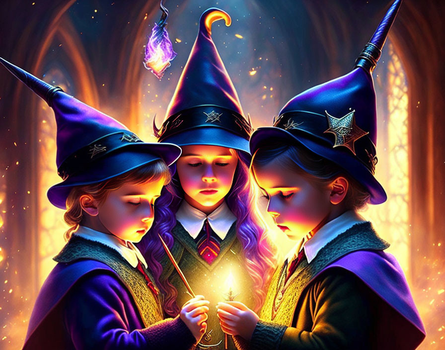 Three young wizards casting a spell with glowing wand and magical flames