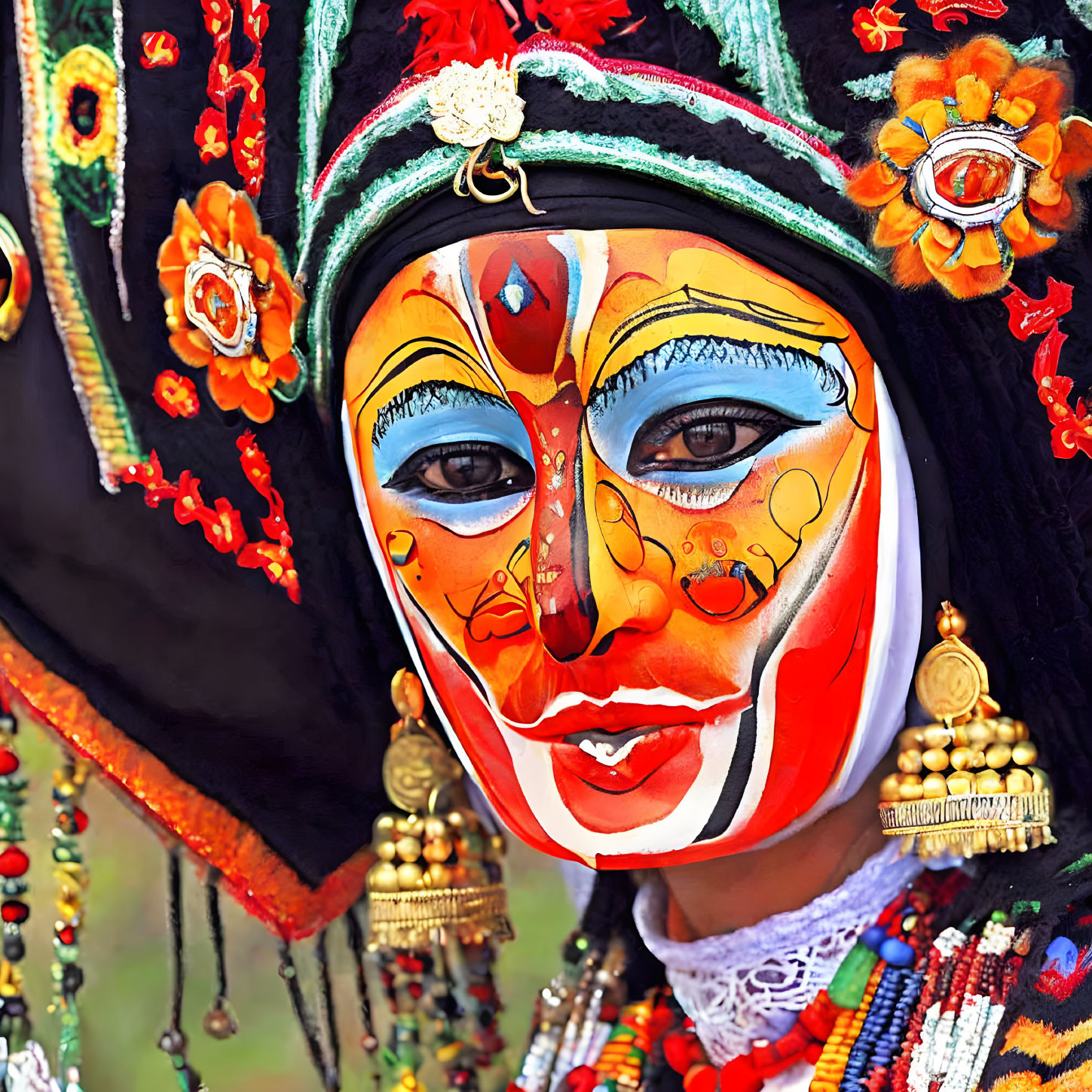 Vibrant traditional mask with intricate facial paint and colorful embroidery