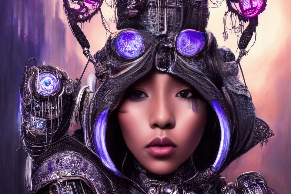 Futuristic digital artwork of woman in purple armor