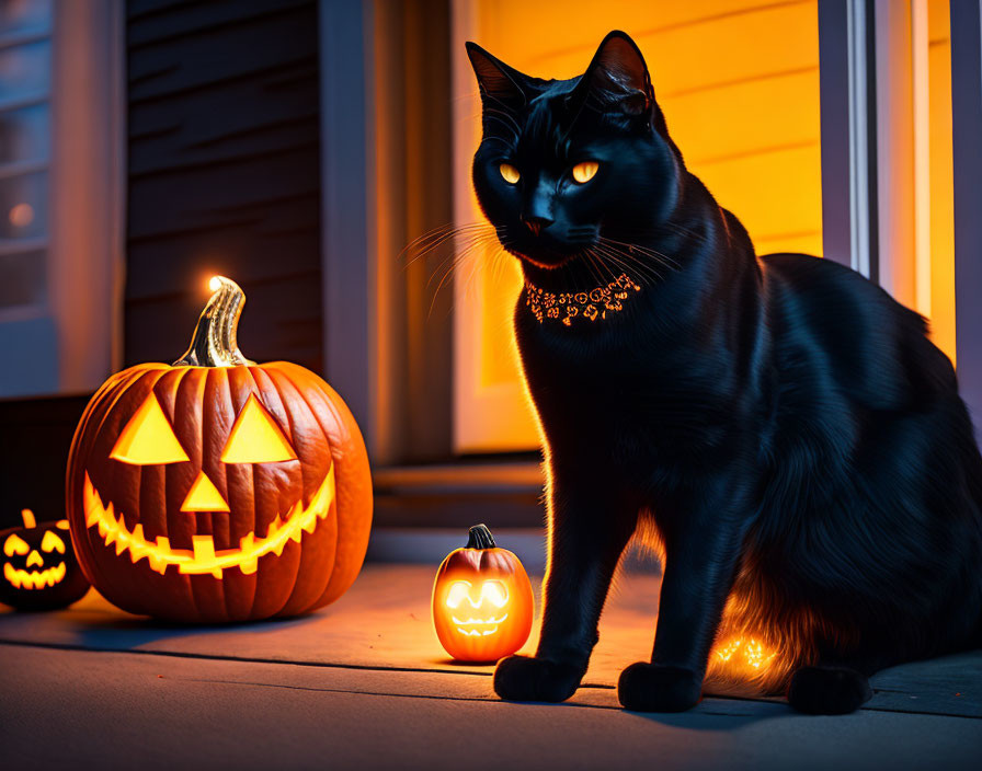 Black Cat with Glowing Collar Beside Carved Pumpkins at Twilight