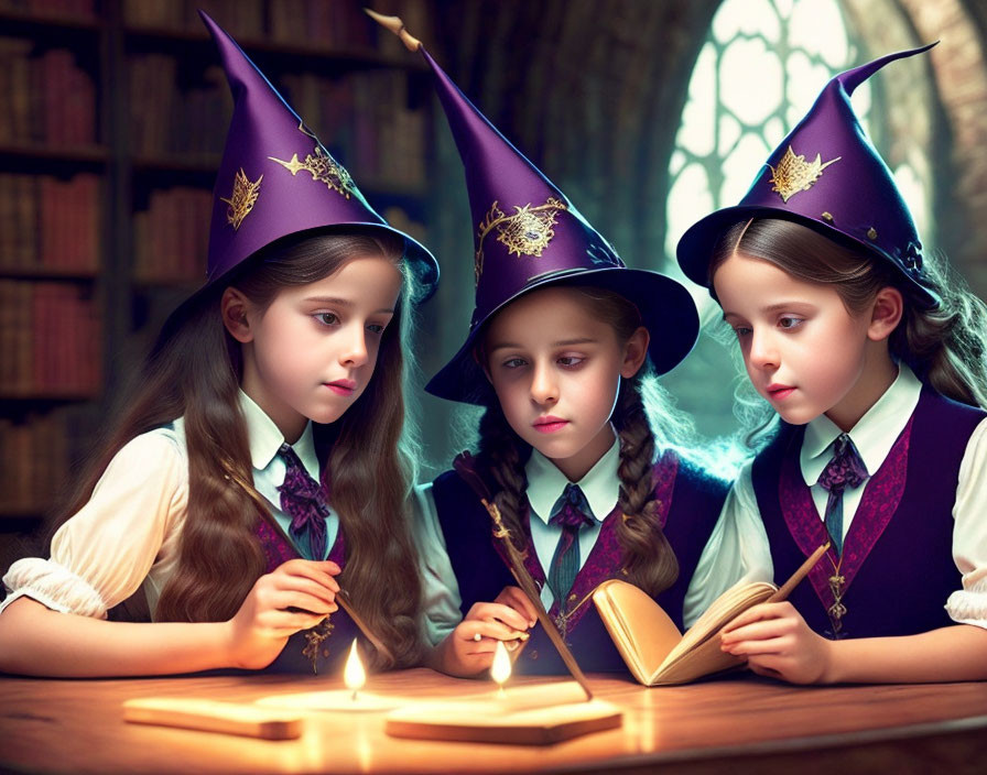 Three girls in witch costumes with wands reading a magical book at a library