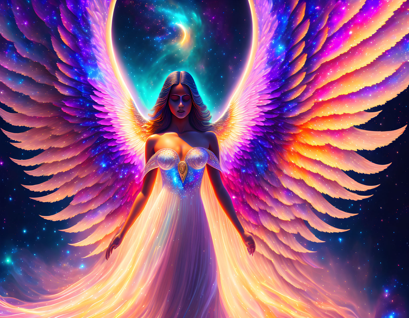 Vibrant multicolored angel with celestial wings in cosmic setting