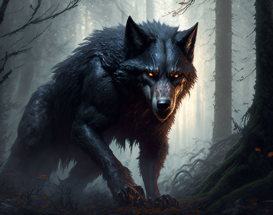 Menacing Black Wolf with Glowing Eyes in Misty Forest