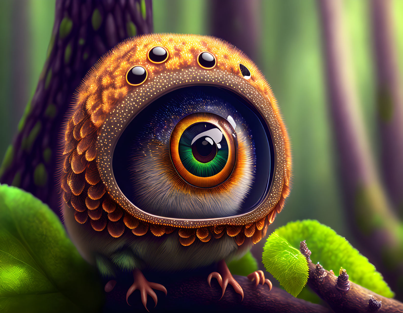 Colorful Owl Creature Perched on Branch in Forest