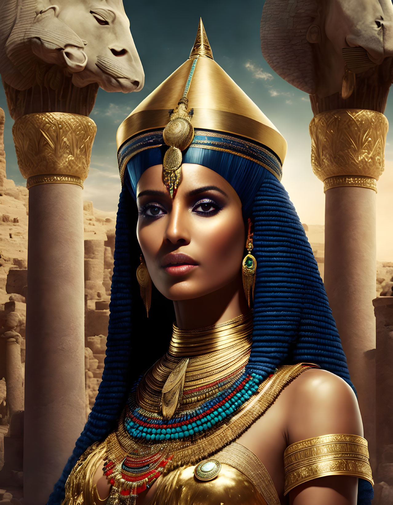 Ancient Egyptian queen styled woman with headdress and Sphinx statues on desert backdrop