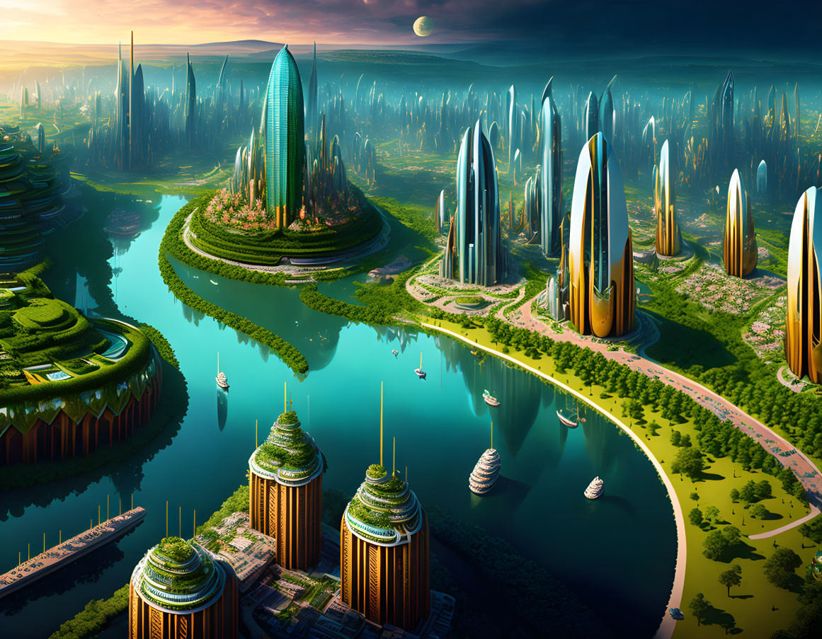 Futuristic cityscape with skyscrapers, rivers, and lush greenery